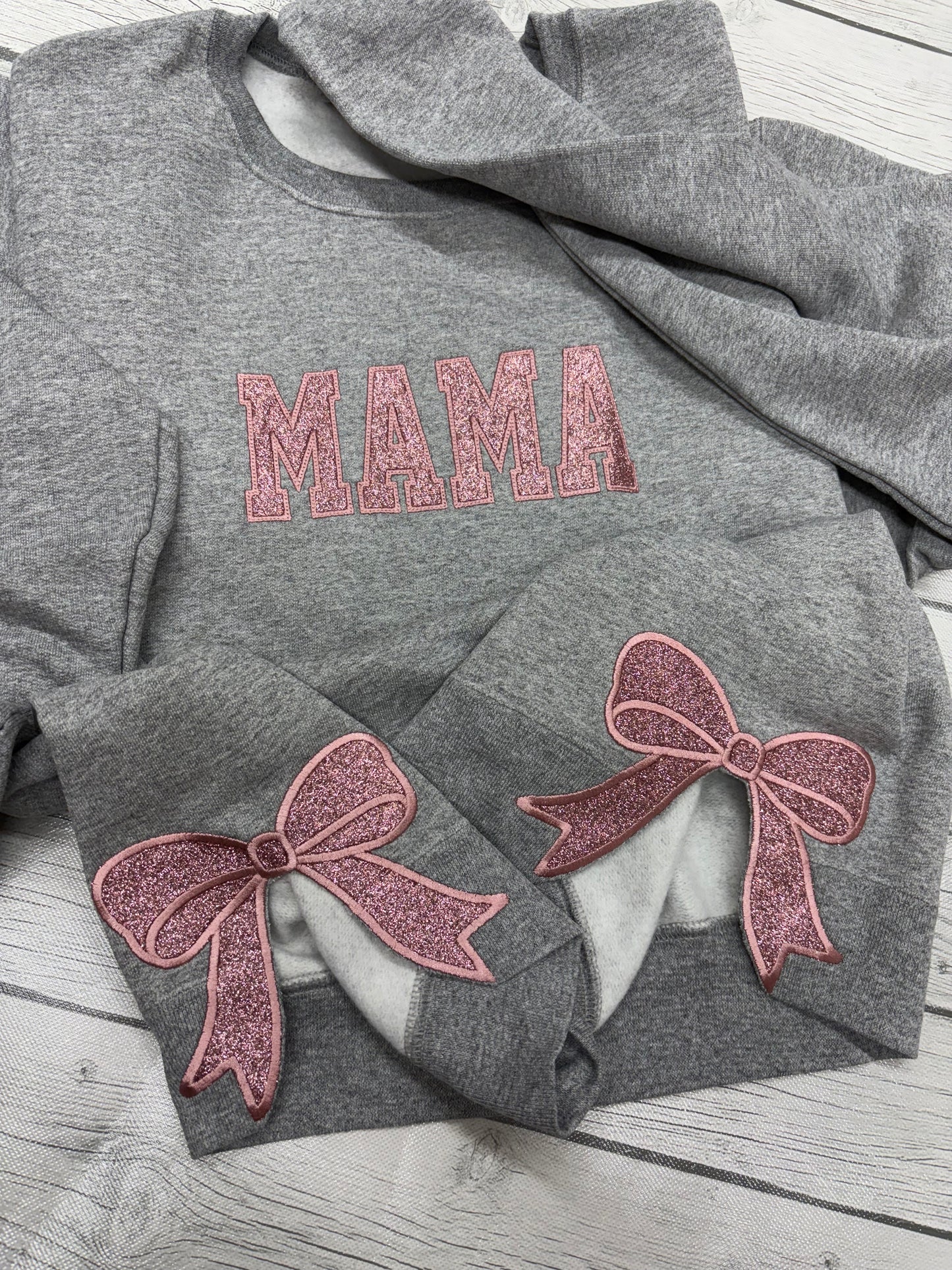 Embroidered Mama Side Bow Glitter Crewneck