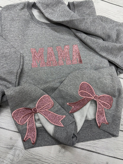 Embroidered Mama Side Bow Glitter Crewneck